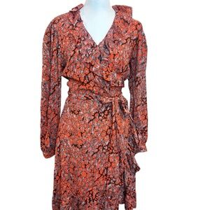 Maje Rust Leopard Print Ruffle Wrap Dress Long Sleeve